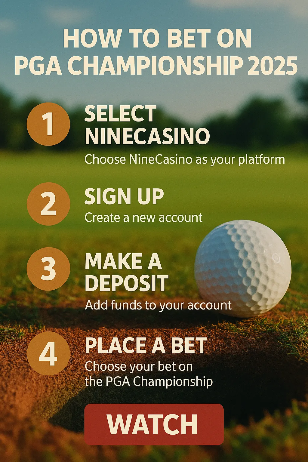 A golf-themed infographic showing four steps to bet on the PGA Championship 2025 using IrwinCasino: select platform, sign up, deposit, place a bet.