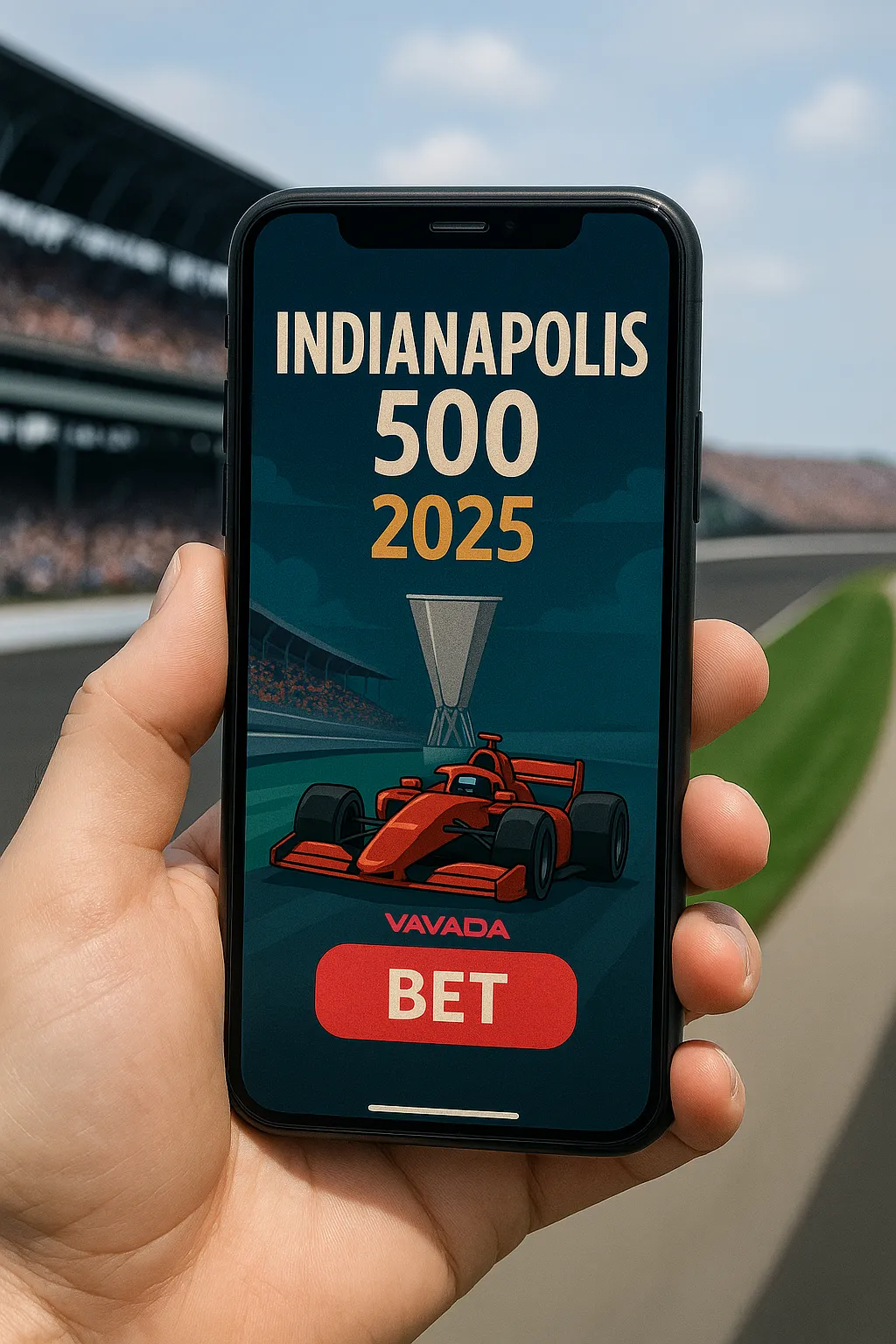 Smartphone displays Indianapolis 500 2025 betting screen with red race car, trophy icon, and Vavada Casino branding in front of a real racetrack.