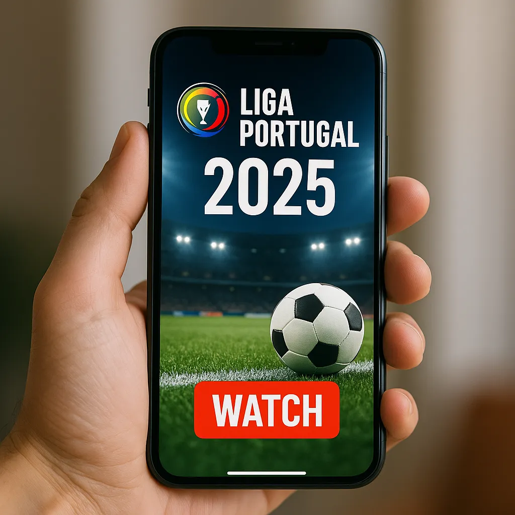 A hand holding a smartphone displaying Liga Portugal 2025 with a football stadium background and a red “WATCH” button.
