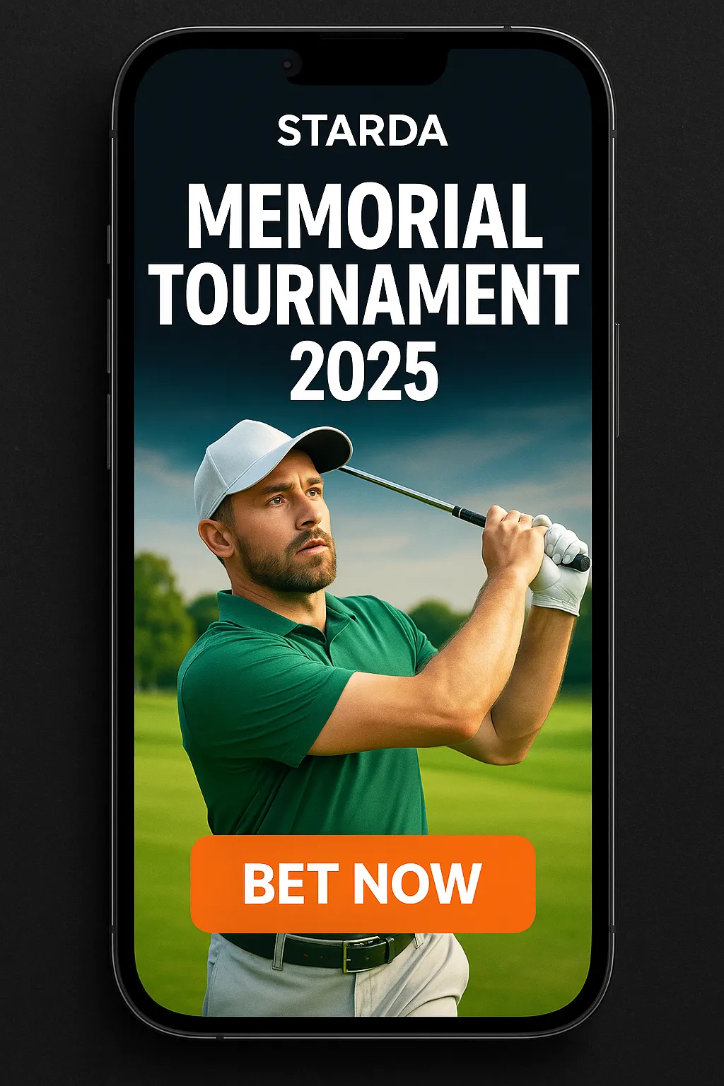 Vertical smartphone promo for Memorial Tournament 2025 betting with golfer mid-swing and “BET NOW” button using Starda Casino branding.