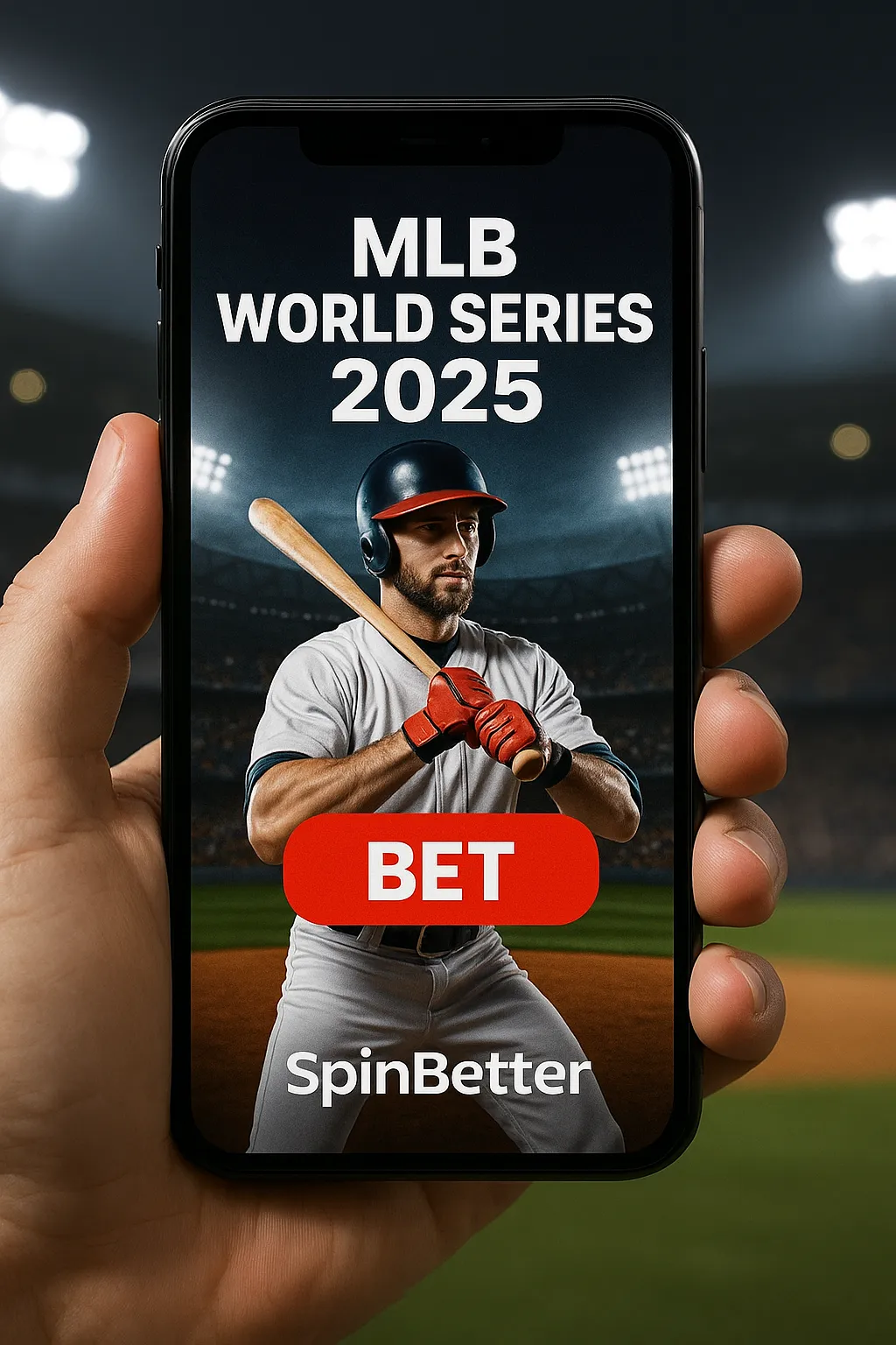 A smartphone screen displays a betting promo for the MLB World Series 2025 with a baseball player in batting stance, a red “BET” button, and SpinBetter Casino branding below.