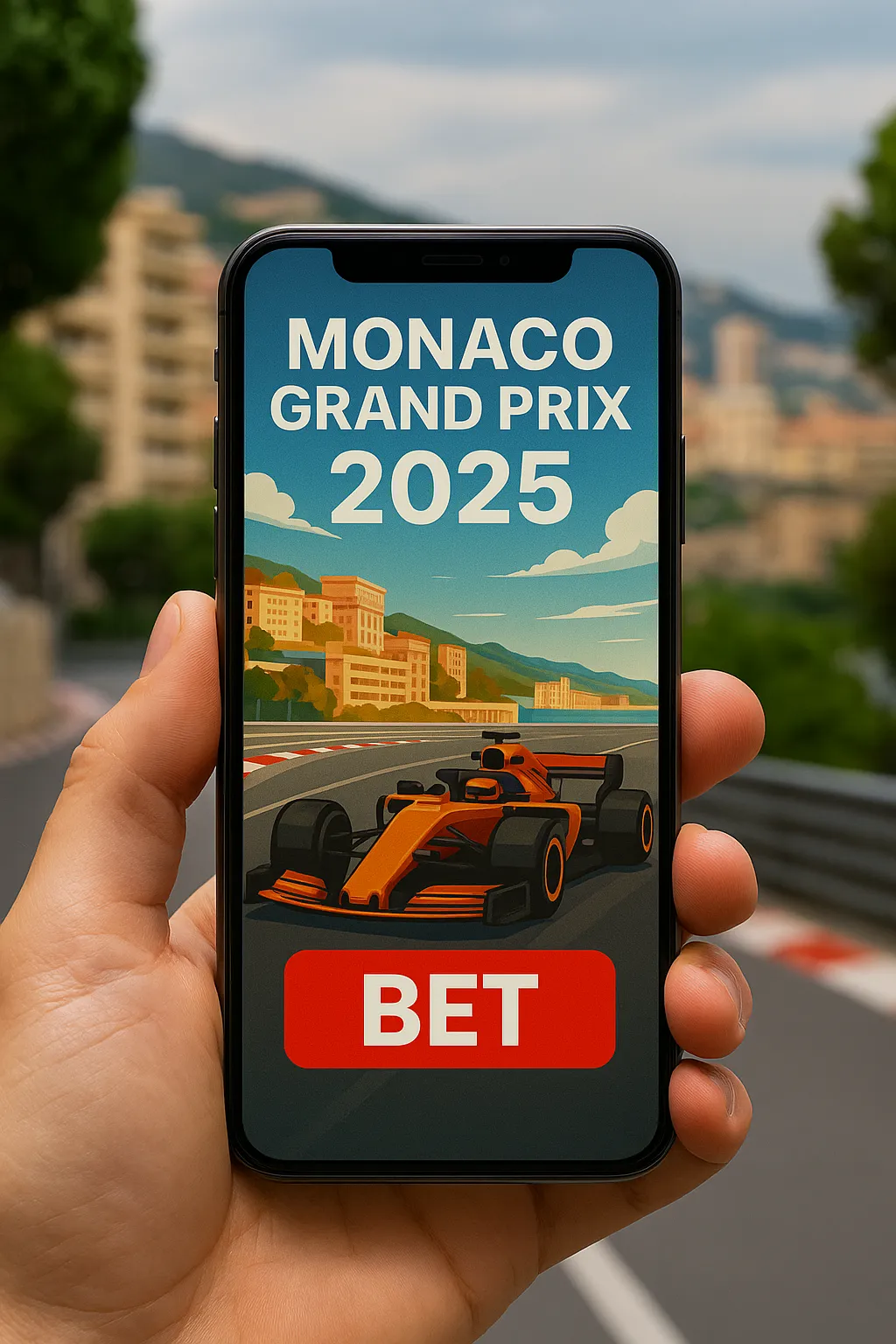 A hand holds a smartphone showing a Monaco Grand Prix 2025 betting graphic, featuring an orange Formula 1 car on a track with a red BET button.