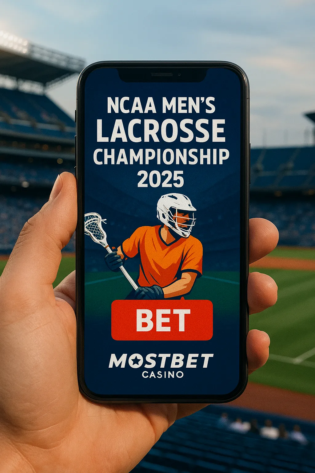A person holds a smartphone displaying a betting screen for the 2025 NCAA Men’s Lacrosse Championship with a lacrosse player, red BET button, and MostBet Casino logo in a stadium setting.