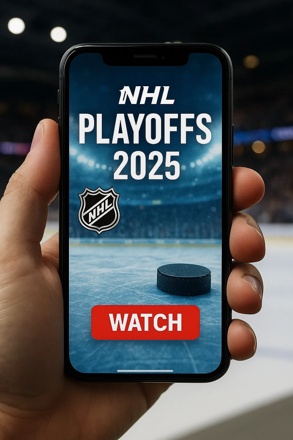 generating the vertical mobile promo — a person holding a phone with NHL Playoffs 2025 visuals, icy arena vibes, and a bold WATCH button. 