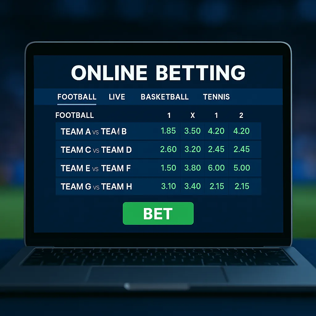 A square image of a sleek laptop screen showing an online sports betting platform, with football matches, odds, and a green “BET” button prominently displayed.