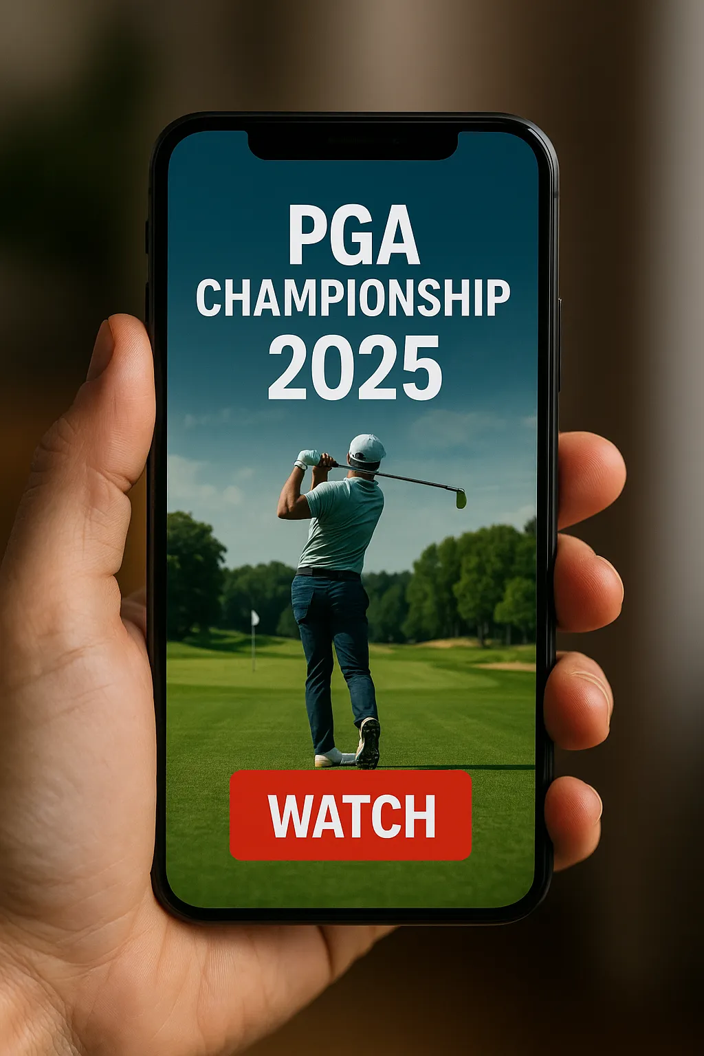 A hand holding a smartphone showing the PGA Championship 2025 with a golfer mid-swing on a sunny course and a red “WATCH” button.