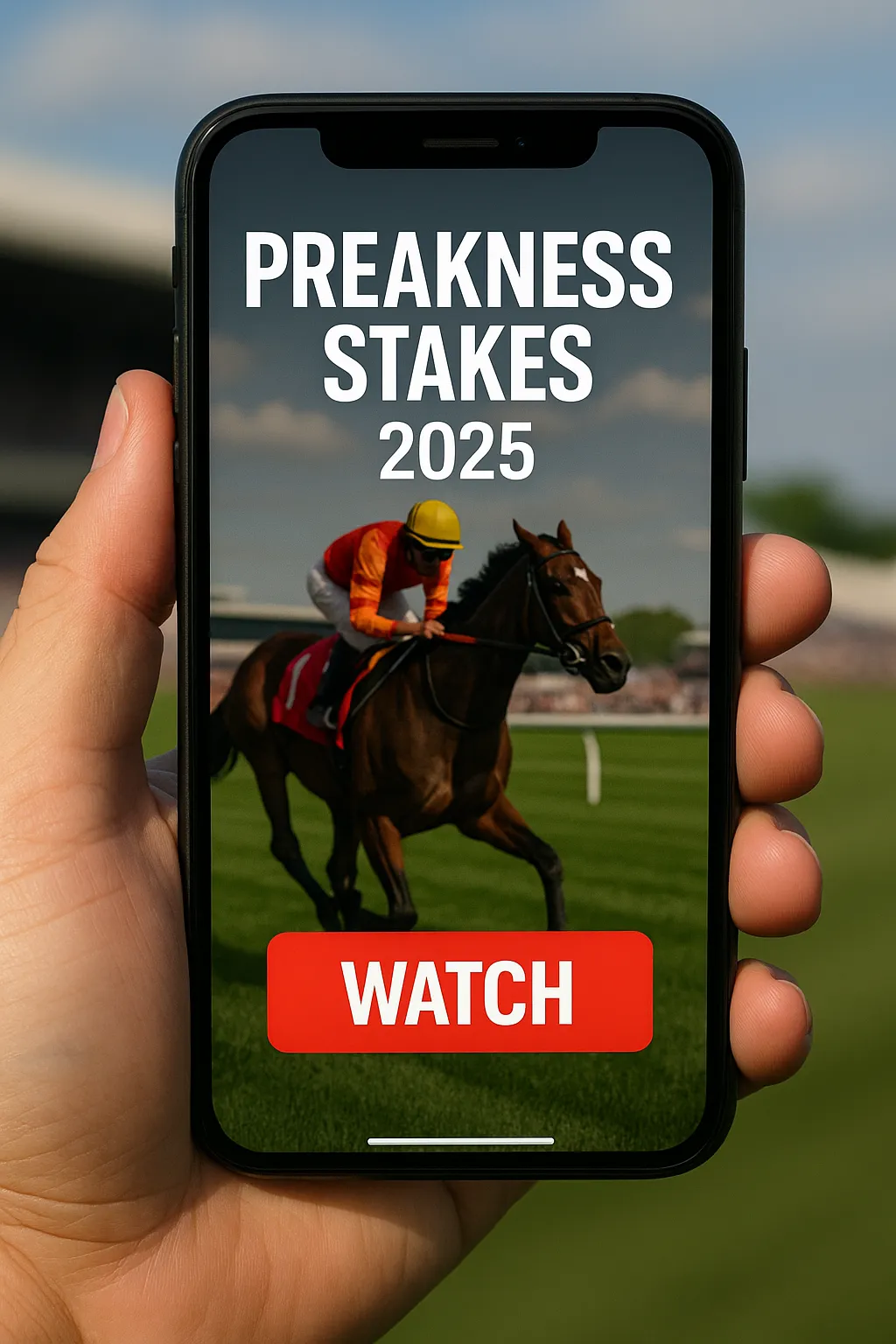 A hand holding a smartphone displaying the Preakness Stakes 2025 with a jockey on a racehorse in action, and a bold red “WATCH” button on the screen.