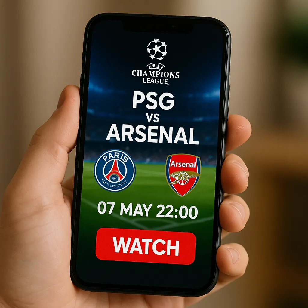 A hand holding a smartphone displaying the PSG vs Arsenal UEFA Champions League match on May 7 at 22:00, with team logos and a red “WATCH” button on the screen.