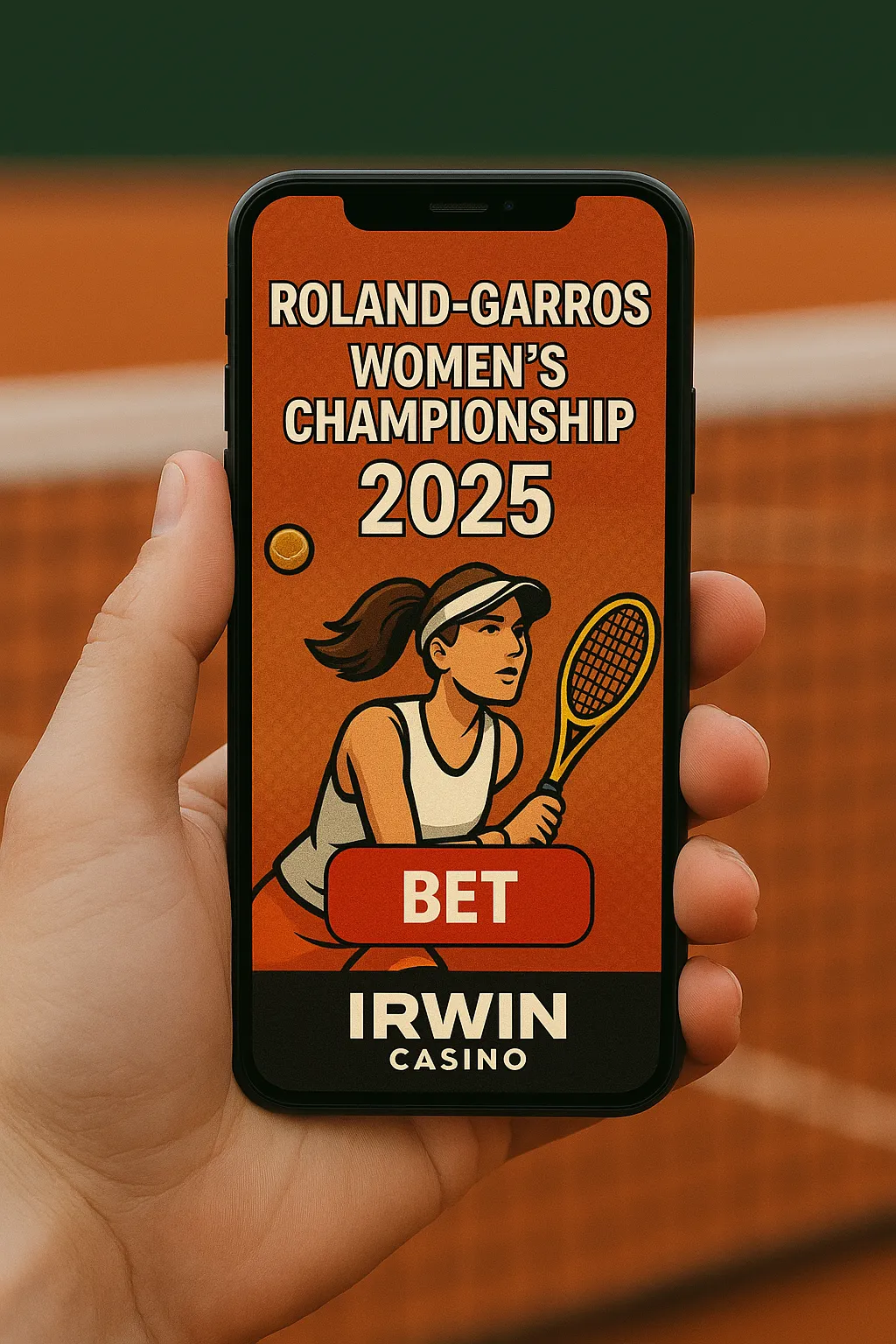A hand holds a smartphone showing a Roland-Garros Women’s Championship 2025 betting screen with a female tennis player, clay court background, red “BET NOW” button, and Irwin Casino logo.