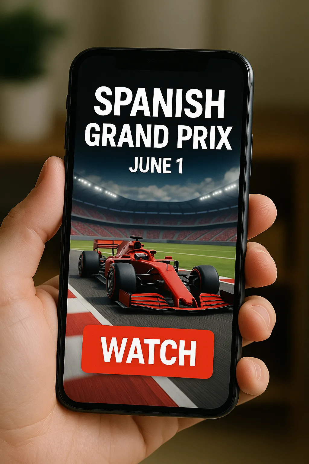 A hand holding a smartphone displaying details for the Spanish Grand Prix on June 1, featuring a red Formula 1 car and a large red "WATCH" button on the screen.