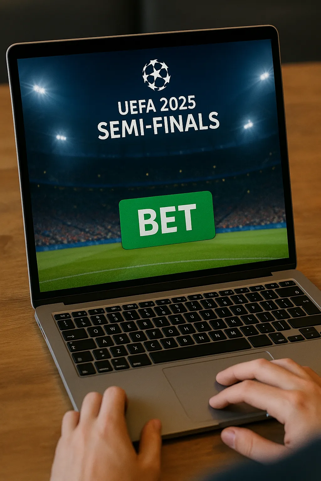 A vertical photo showing a hand holding a smartphone with a UEFA Champions League Semi-Finals 2025 ad, featuring a large green "BET" button and a stadium backdrop.