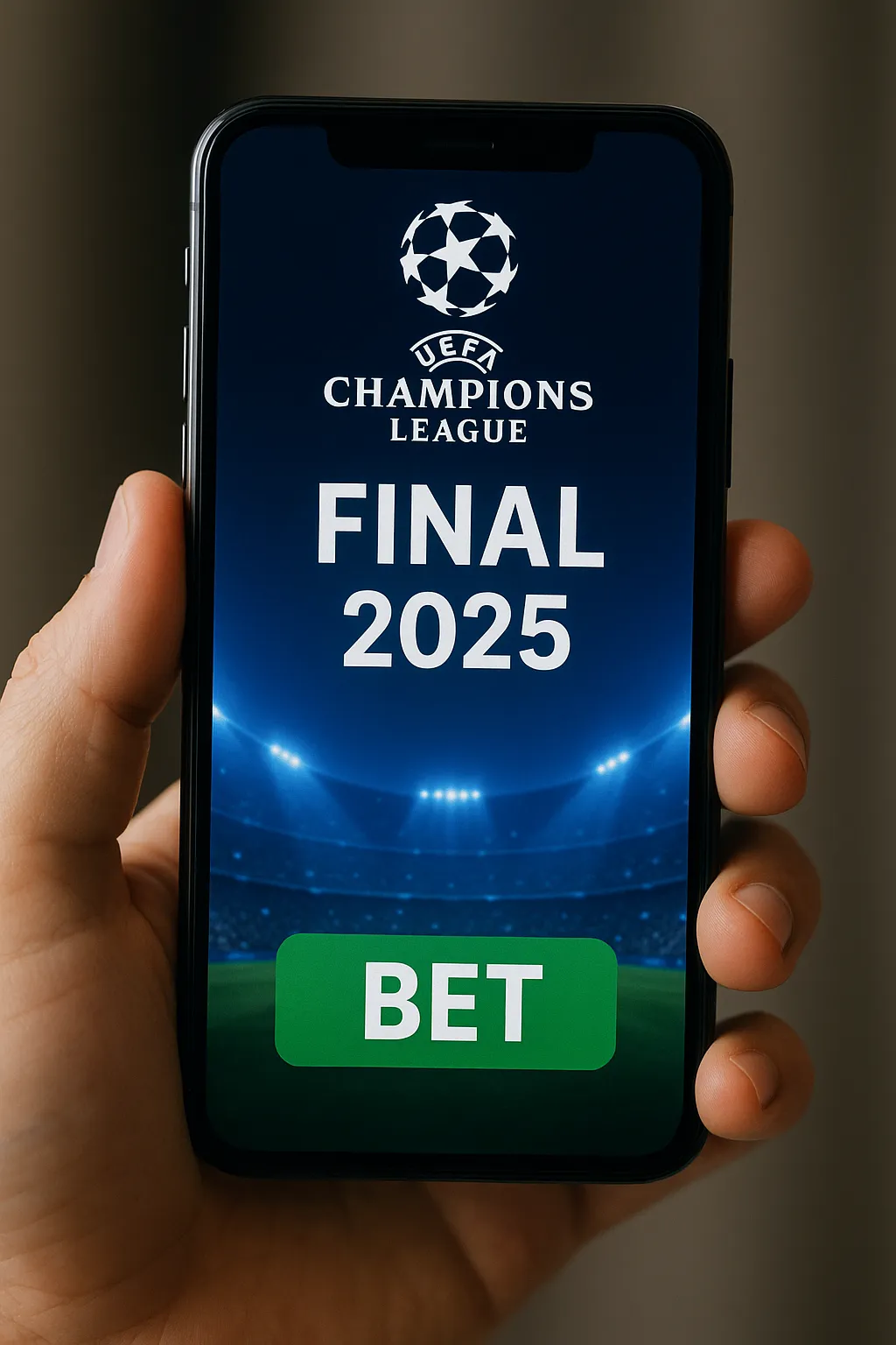 A close-up of a person holding a smartphone vertically, displaying the UEFA Champions League Final 2025 promotion with a large green "BET" button on the screen.