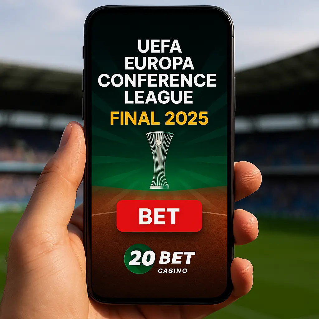 A smartphone displays a UEFA Europa Conference League Final 2025 betting screen featuring the tournament trophy, bold “BET” button, and 20Bet Casino branding, with a stadium in the background.