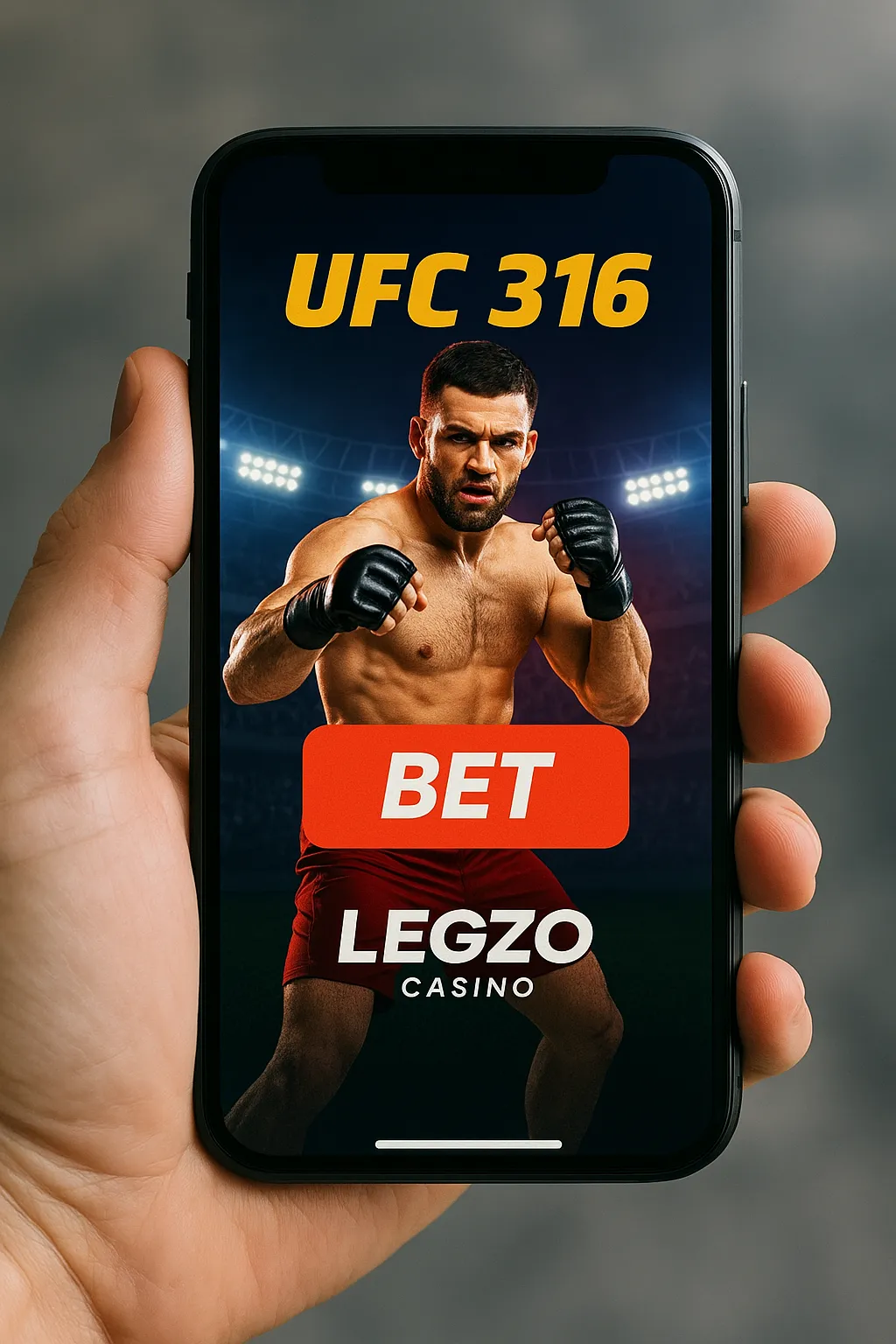 A person holds a smartphone showing a UFC 316 betting promo with a fighter in gloves and shorts, a bright red BET button, and Legzo Casino branding beneath.