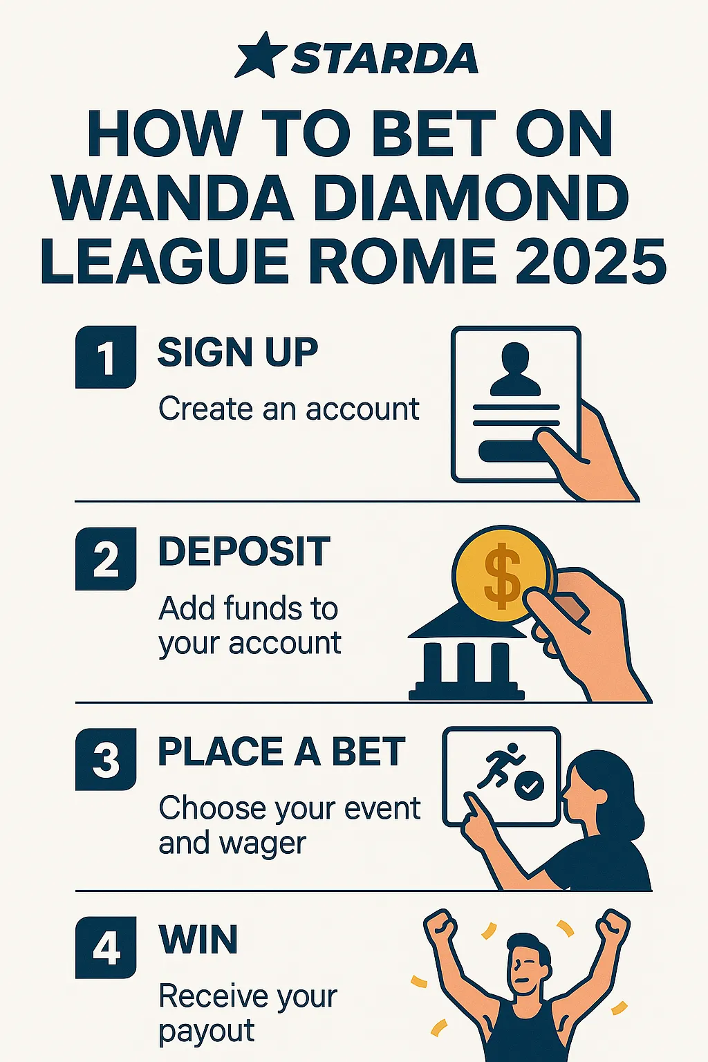 4-step infographic for Wanda Diamond League Rome 2025 with Starda branding showing steps: Sign Up, Deposit, Place a Bet, and Win.