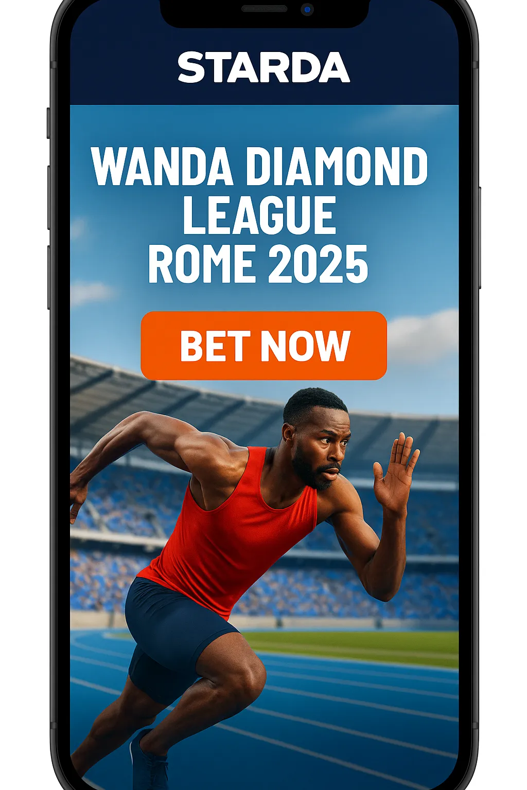 Smartphone ad for Wanda Diamond League Rome 2025 featuring a sprinter on a blue track, stadium background, and bold “BET NOW” button branded by Starda Casino.