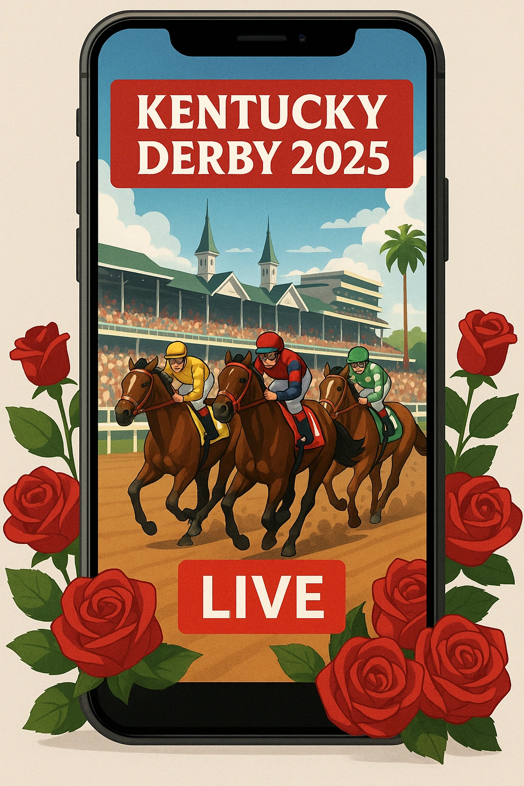Vertical illustration of a smartphone streaming the Kentucky Derby 2025 live, showing horses racing down the track with cheering crowds, vibrant roses, and a bold “LIVE” tag.