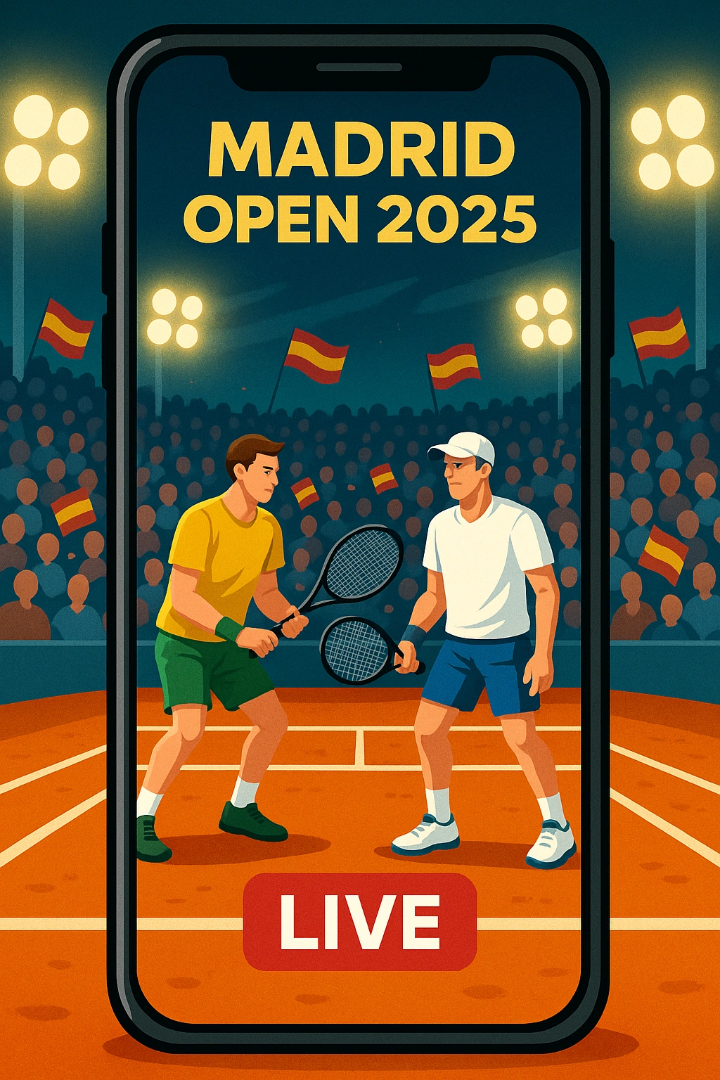 A vibrant digital illustration shows a smartphone streaming the Madrid Open 2025 tennis tournament live. The screen features two tennis players mid-match on a bright orange clay court, with cheering fans, Spain flags waving in the stands, and glowing stadium lights. A bold “LIVE” label appears at the bottom, and the event title is displayed clearly at the top.