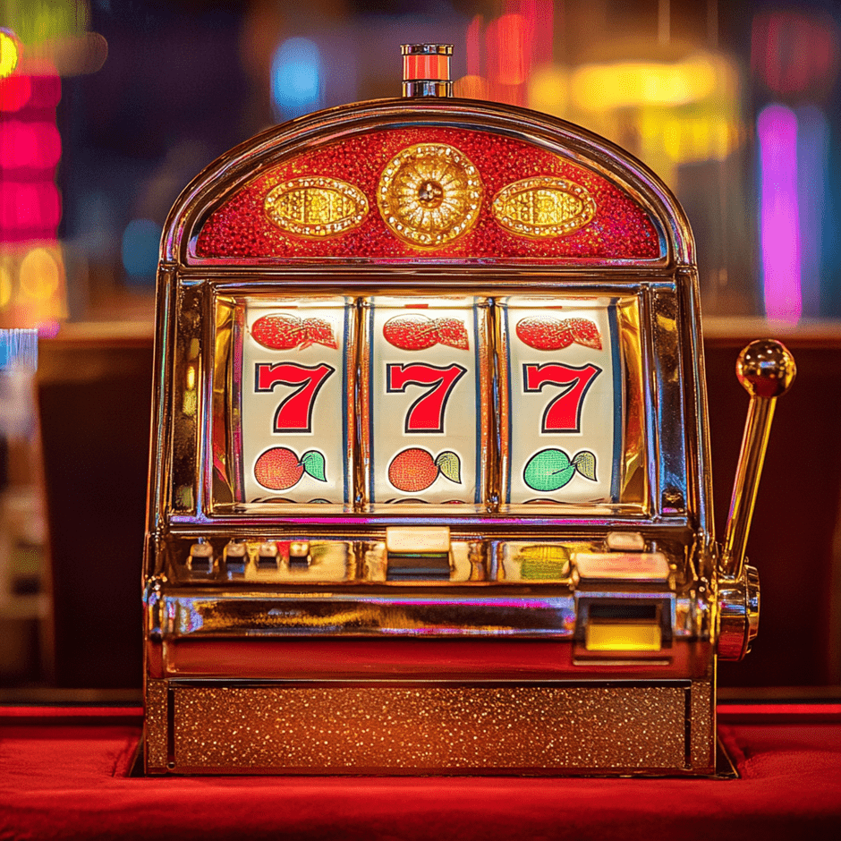 Classic slot machine showing triple sevens and fruit symbols in a glowing casino environment