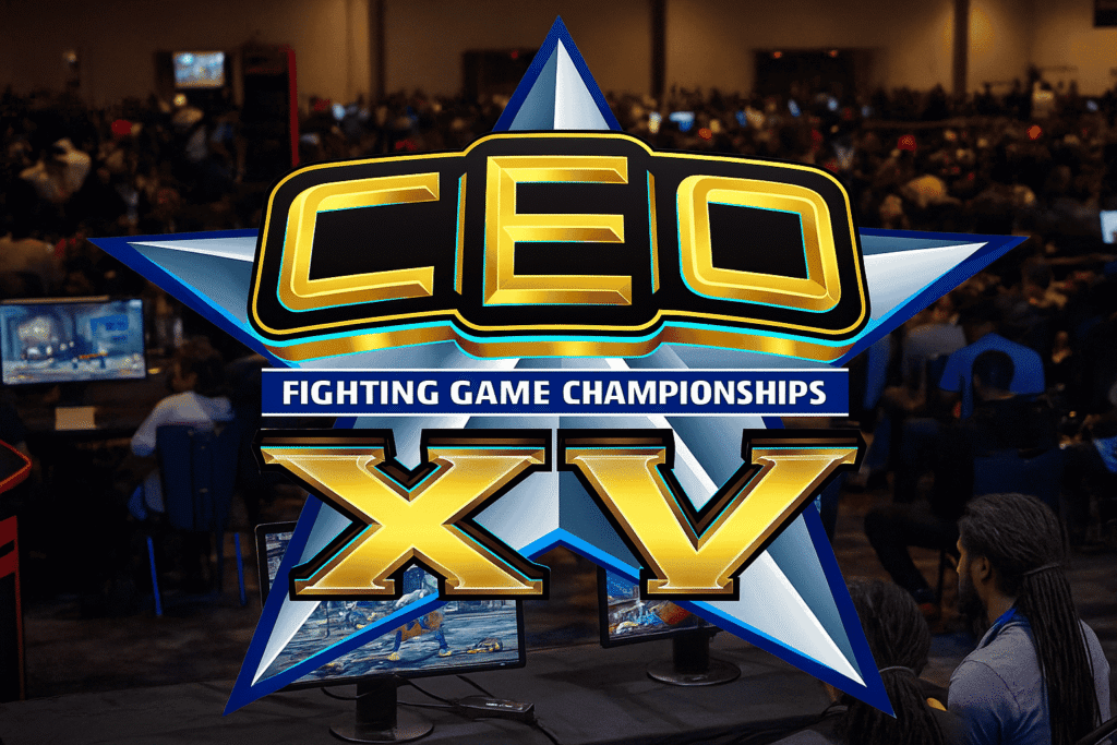 CEO Fighting Game Championships XV logo with gaming crowd in background