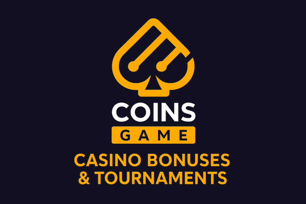 Coins Game Casino logo with text highlighting bonuses and tournaments