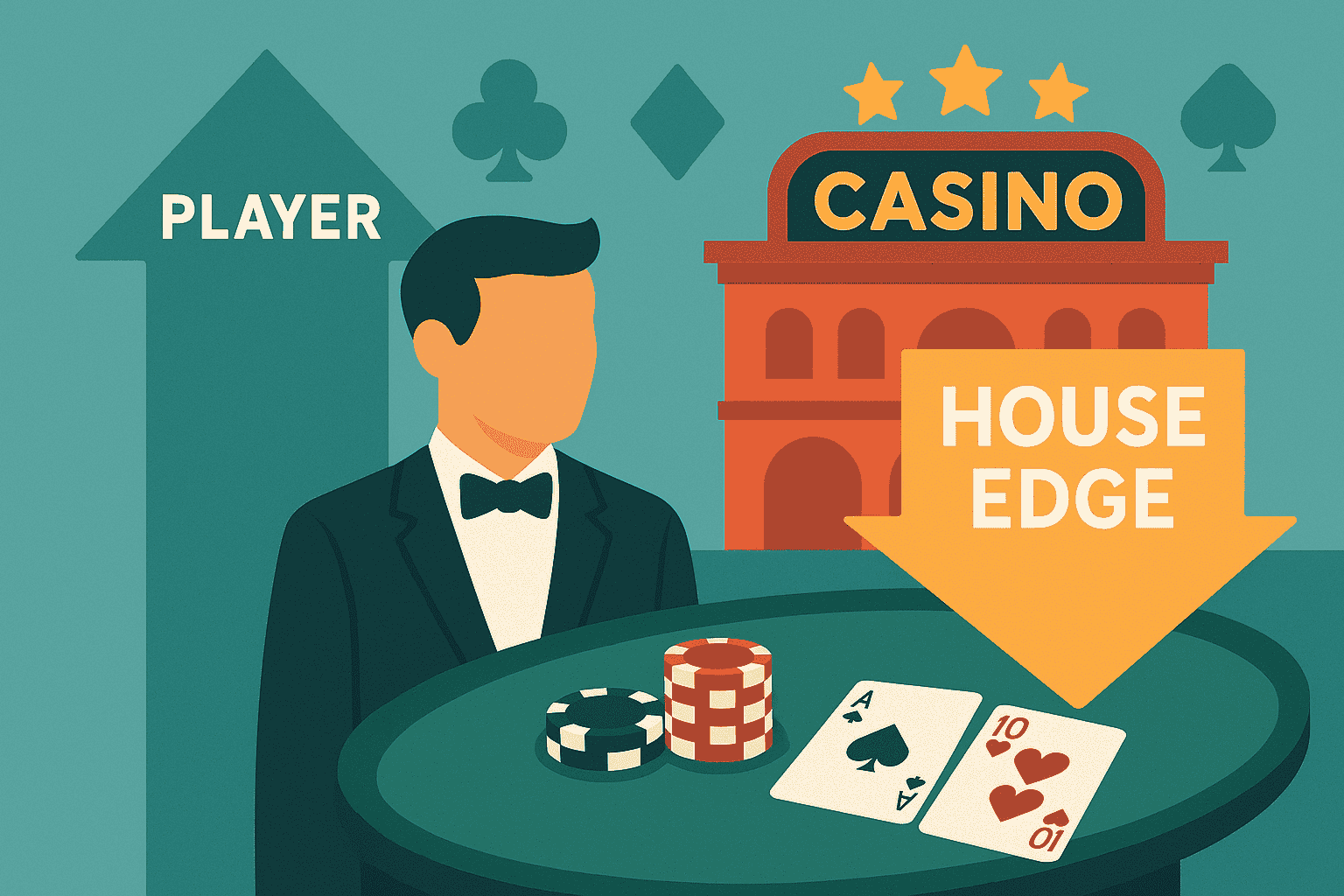 Flat illustration showing a faceless man in a tuxedo playing at a casino table with a large downward arrow labeled "House Edge" pointing toward a casino building.