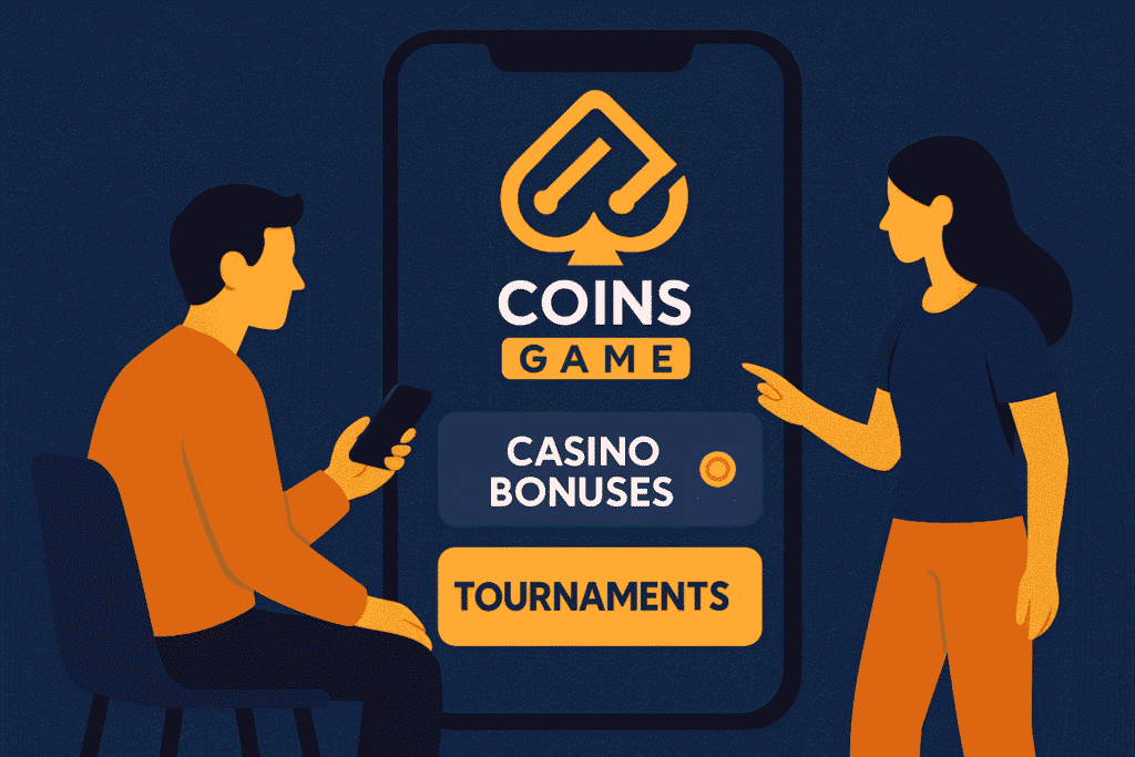 Two players discussing Coins Game Casino on a mobile interface with casino bonuses and tournaments