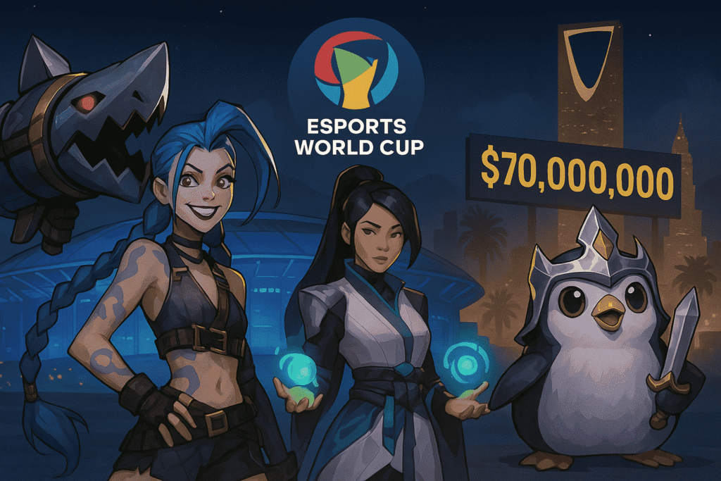Esports World Cup 2025 $70 million prize pool poster with characters and Riyadh skyline.