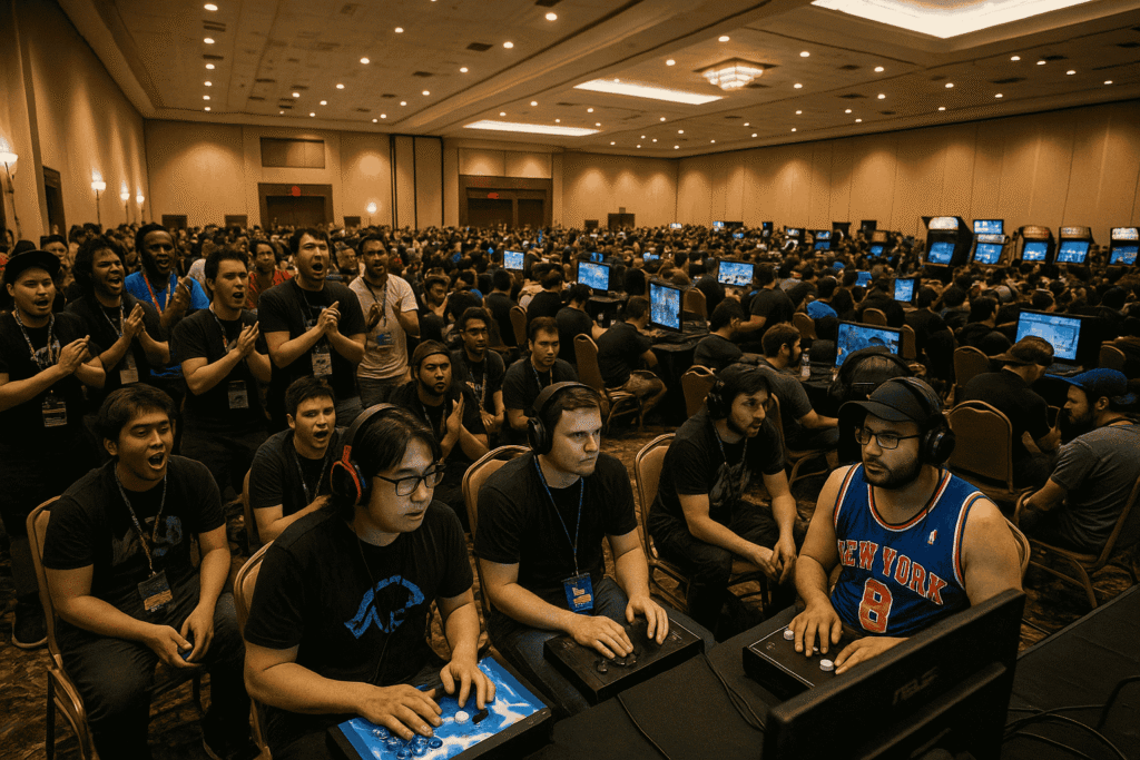Competitive players at CEO 2025 fighting game tournament, surrounded by a cheering crowd