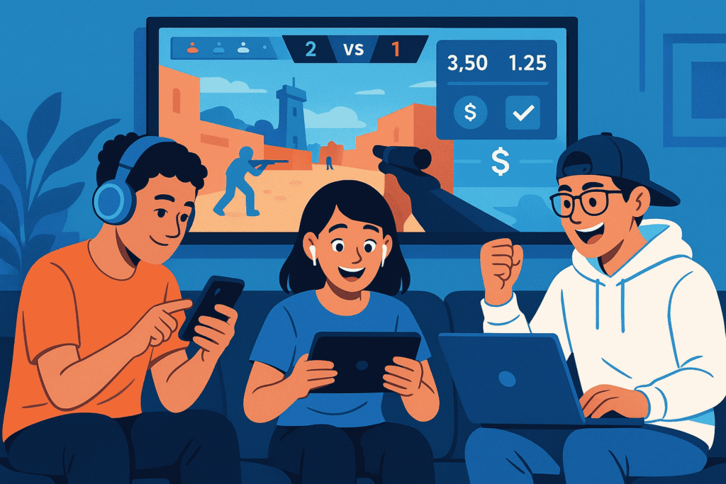 Three Gen Z friends cheering and placing bets on their devices while watching a Counter-Strike-style esports match on a large screen in the background.