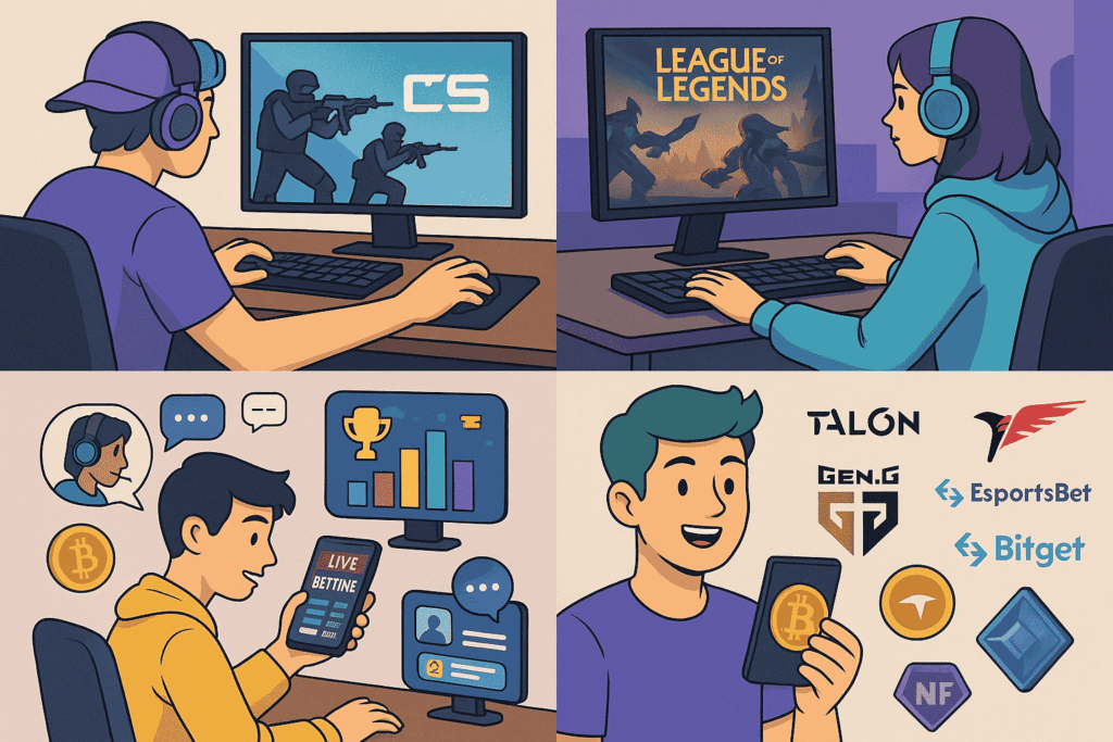 Gen Z users betting live on esports games like CS:GO and League of Legends, interacting through apps and using cryptocurrency.