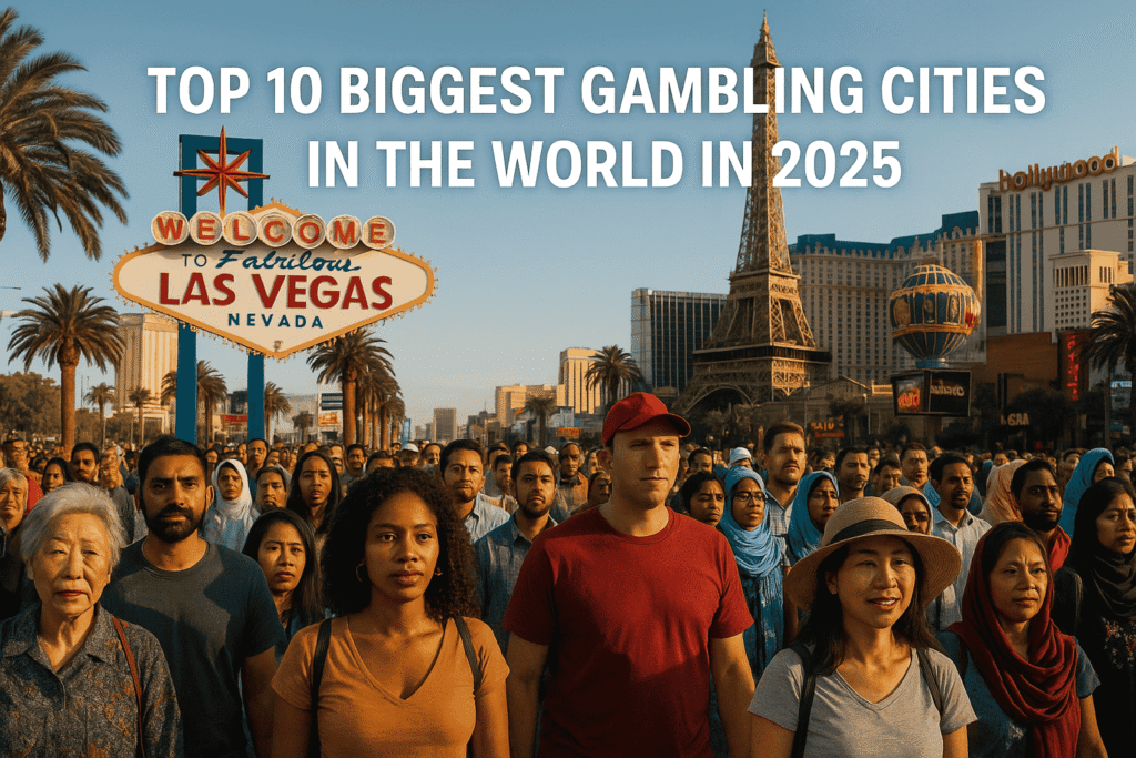 Crowd in front of Las Vegas sign with text “Top 10 Biggest Gambling Cities in the World in 2025”