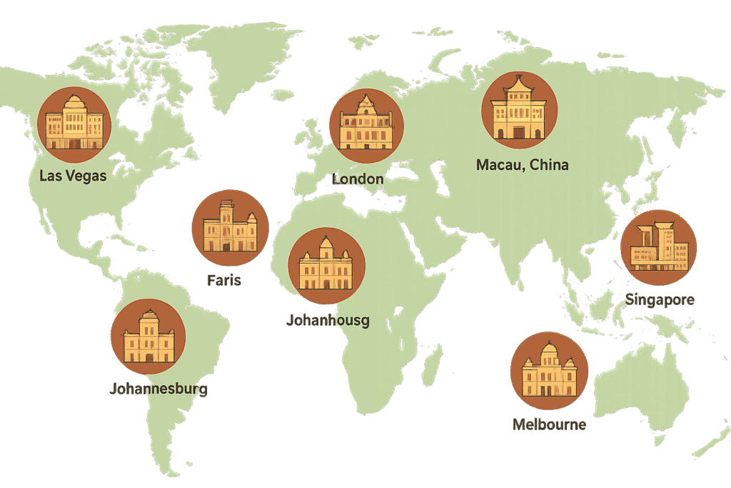 World map with top gambling cities marked: Las Vegas, Macau, London, Paris, Singapore, Johannesburg, Melbourne