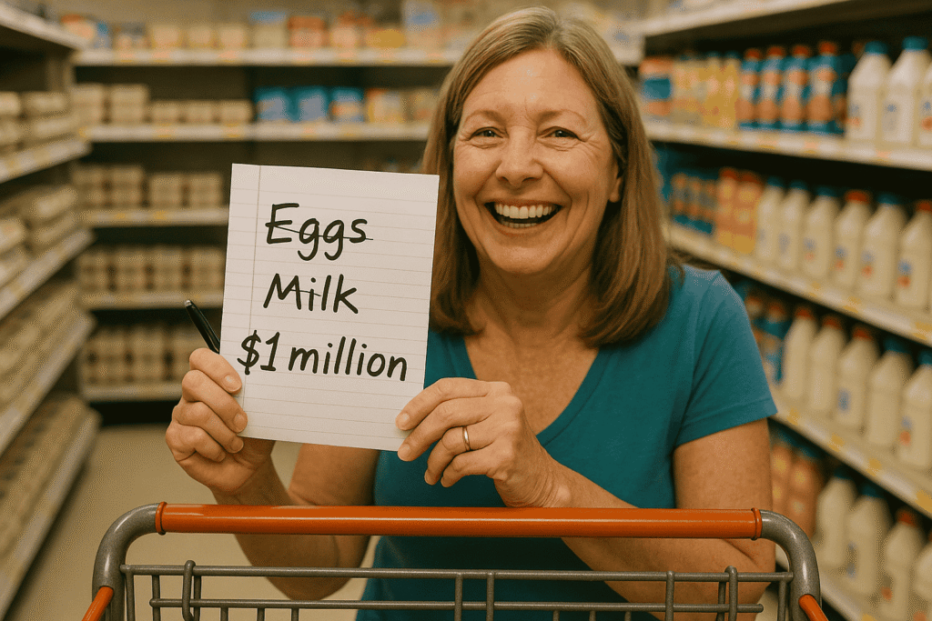 Woman in grocery store holding note with "$1 million"