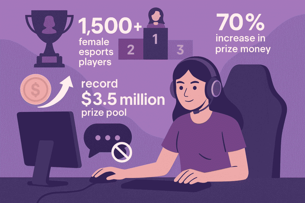 Illustration of a female gamer at a PC with icons showing key stats: 1,500+ female players, $3.5M prize pool, 70% prize increase, and a symbol of restricted chat.