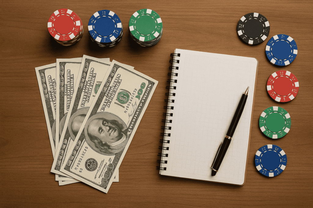 Stack of poker chips, US dollar bills, and a notepad with pen on a casino table.