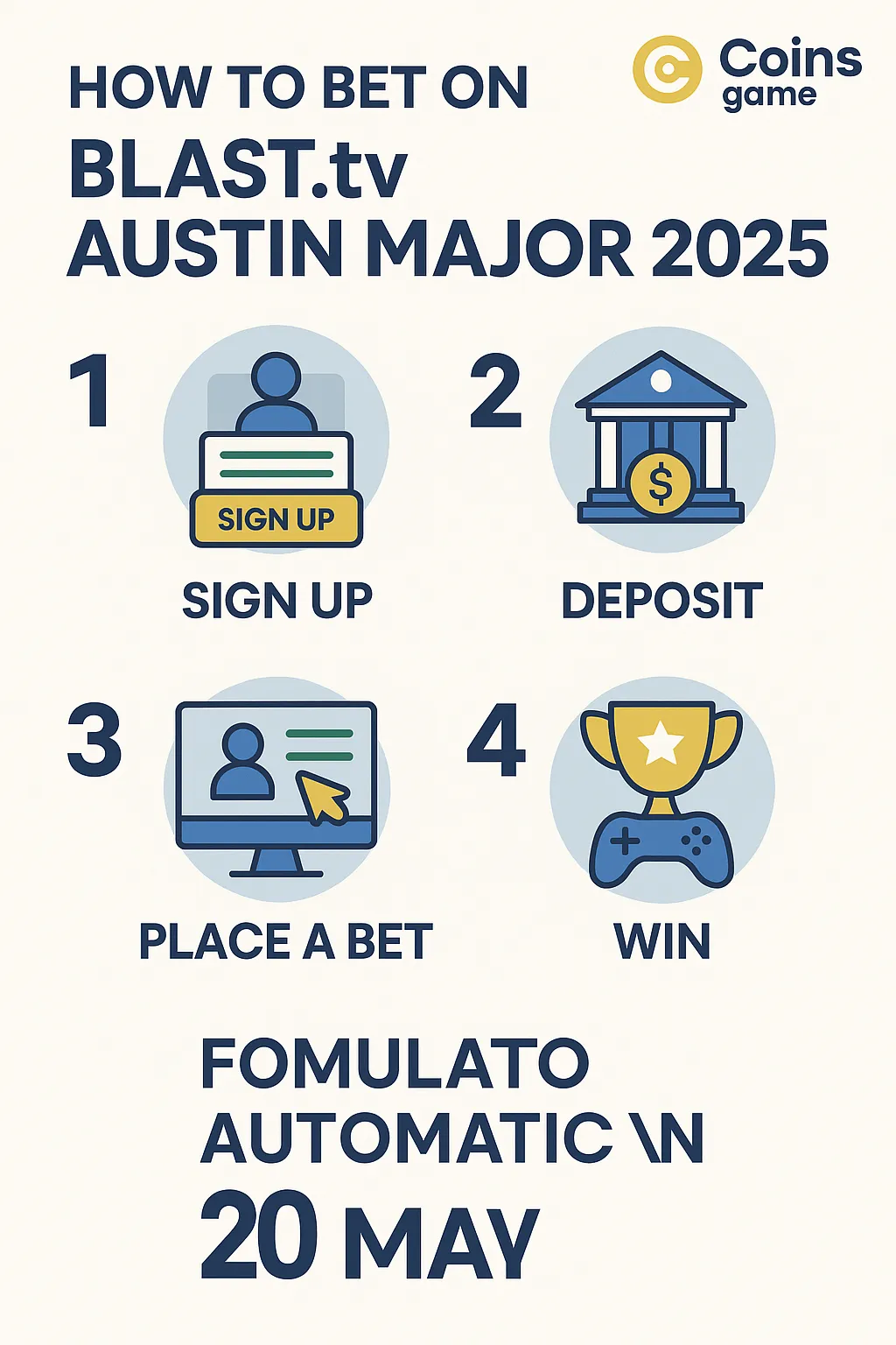 Betting ad for BLAST.tv Austin Major 2025 with focused esports player at PC, “BET NOW” button, and Coins Game Casino branding.