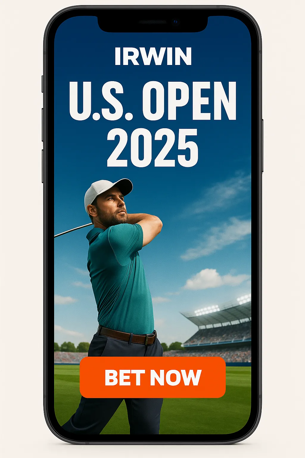 Sports betting ad for U.S. Open Golf 2025 featuring a golfer mid-swing on a course with clear sky, “BET NOW” button, and Irwin Casino branding.