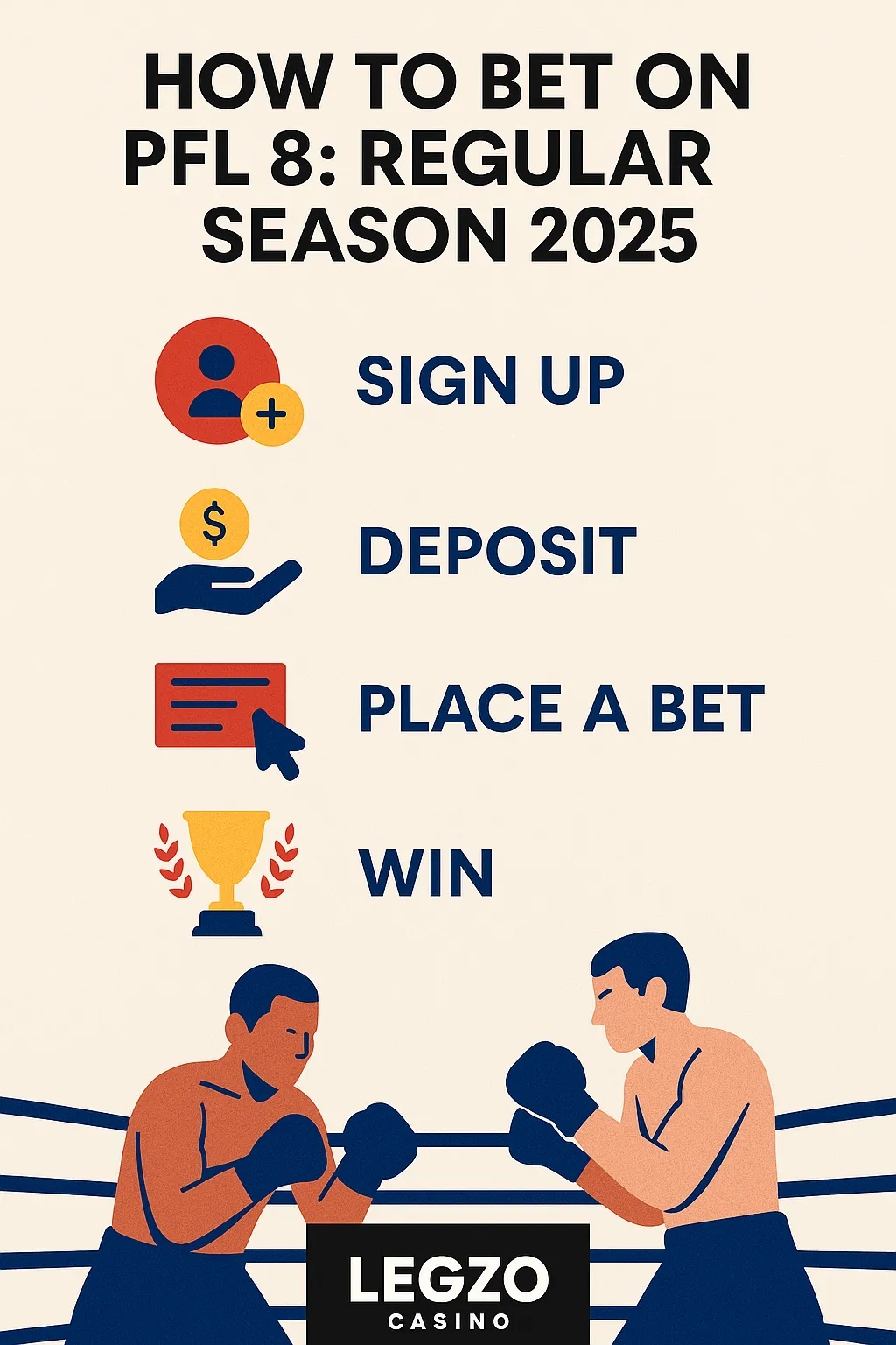 A promotional poster featuring two MMA fighters in an octagon under dramatic lighting, with “PFL 8: Regular Season 2025” in bold text and Legzo Casino branding.