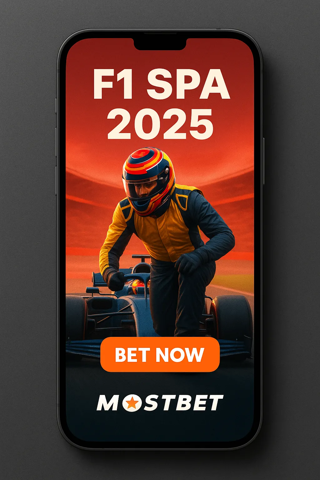 A sleek Formula 1 car speeds around a rainy Spa-Francorchamps curve, with blue and orange Mostbet branding and a glowing “BET NOW” button.