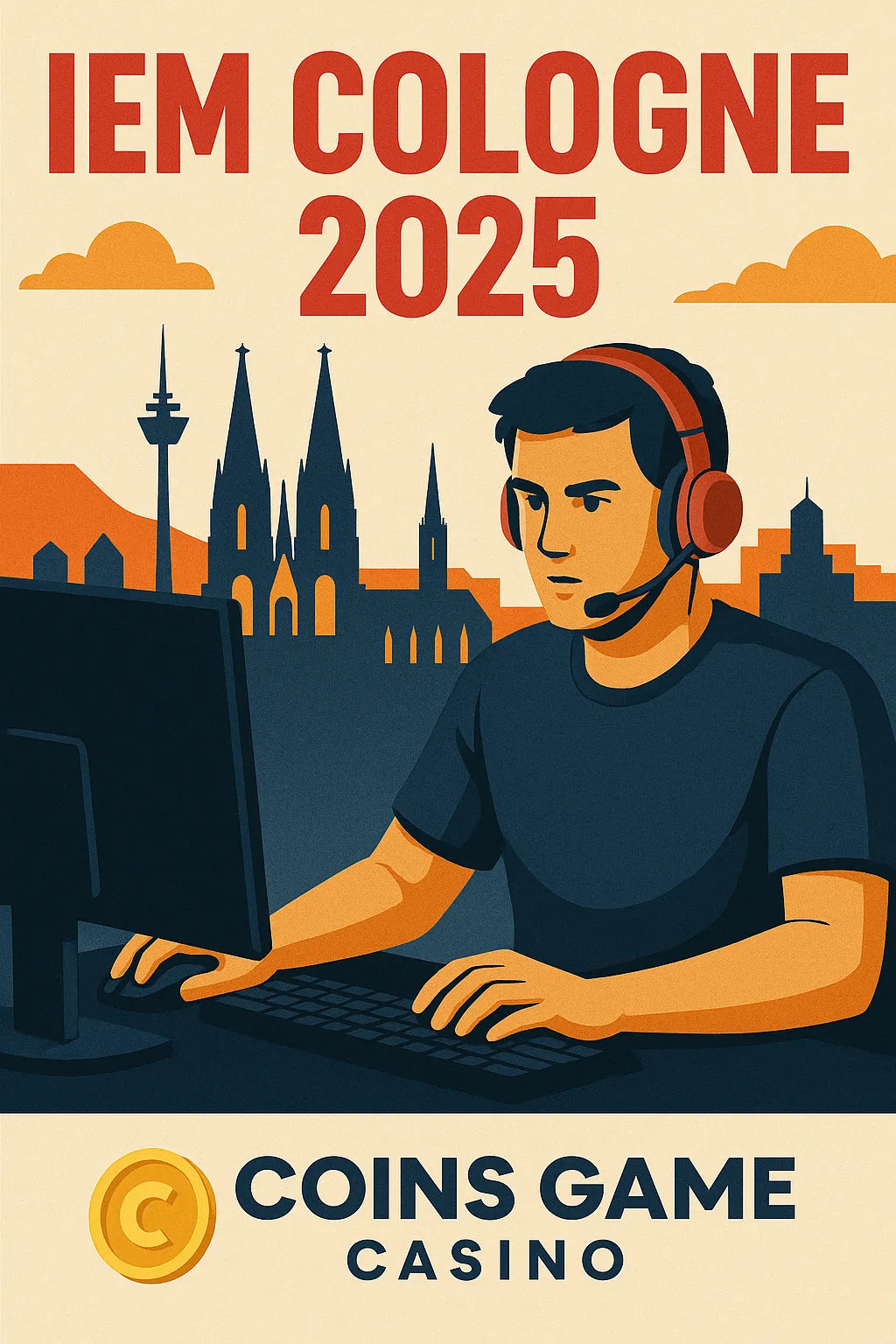 A dramatic esports-themed poster featuring pro players in action with the IEM Cologne 2025 title and Coins Game Casino branding in neon tones.