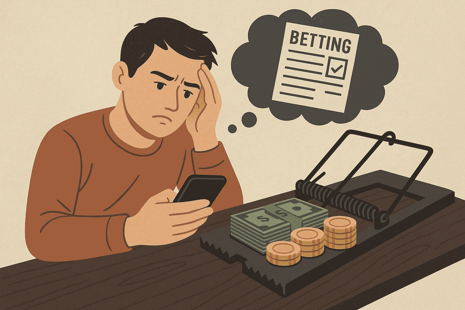 Man stressed about betting while looking at phone, trap with money on table
