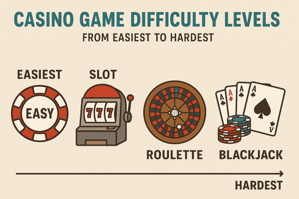 Infographic showing casino game difficulty levels from easiest to hardest, including slots, roulette, and blackjack.