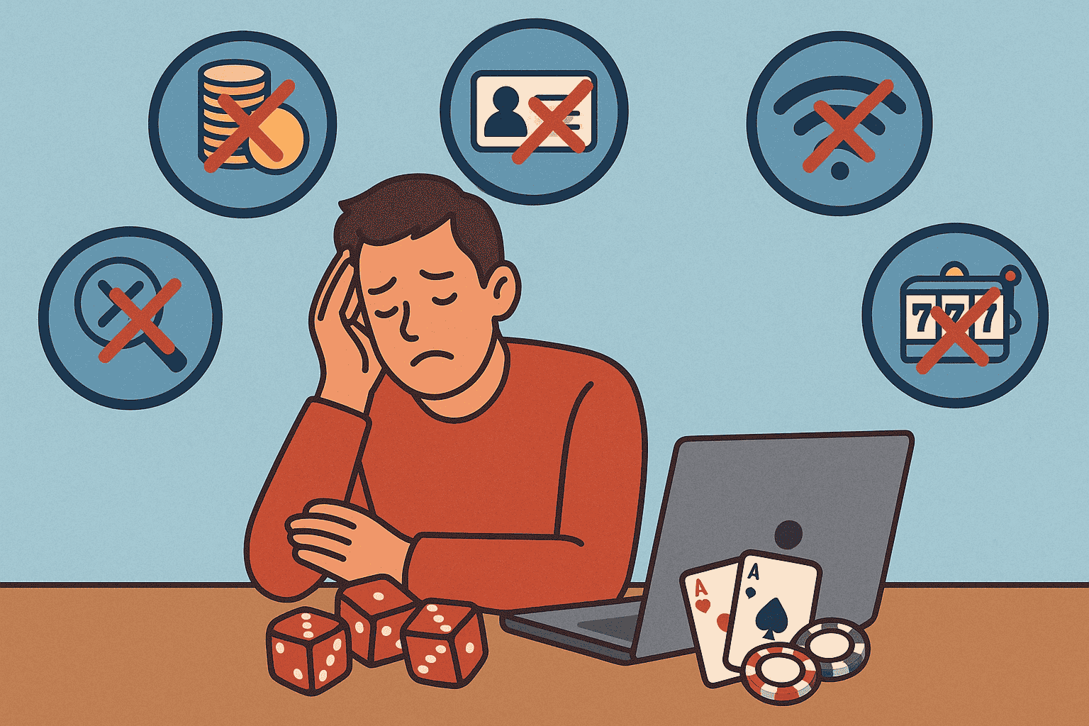 Cartoon illustration of a sad online gambler surrounded by crossed-out icons representing common online casino issues.