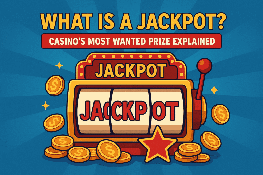 Illustrated jackpot slot machine with the word “JACKPOT” and gold coins emphasizing casino prizes