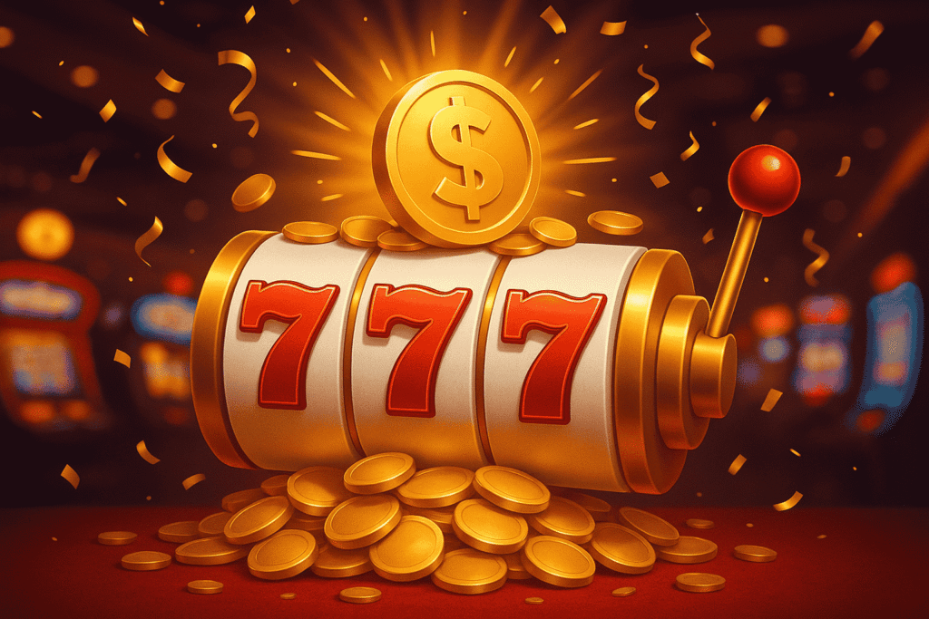 Slot machine showing triple 7s with gold coins and dollar sign symbolizing a casino jackpot win