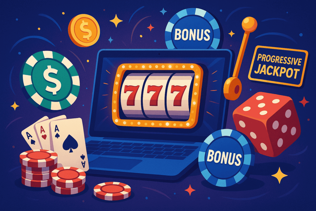 Illustrated online casino setup with slot machine and bonus chips