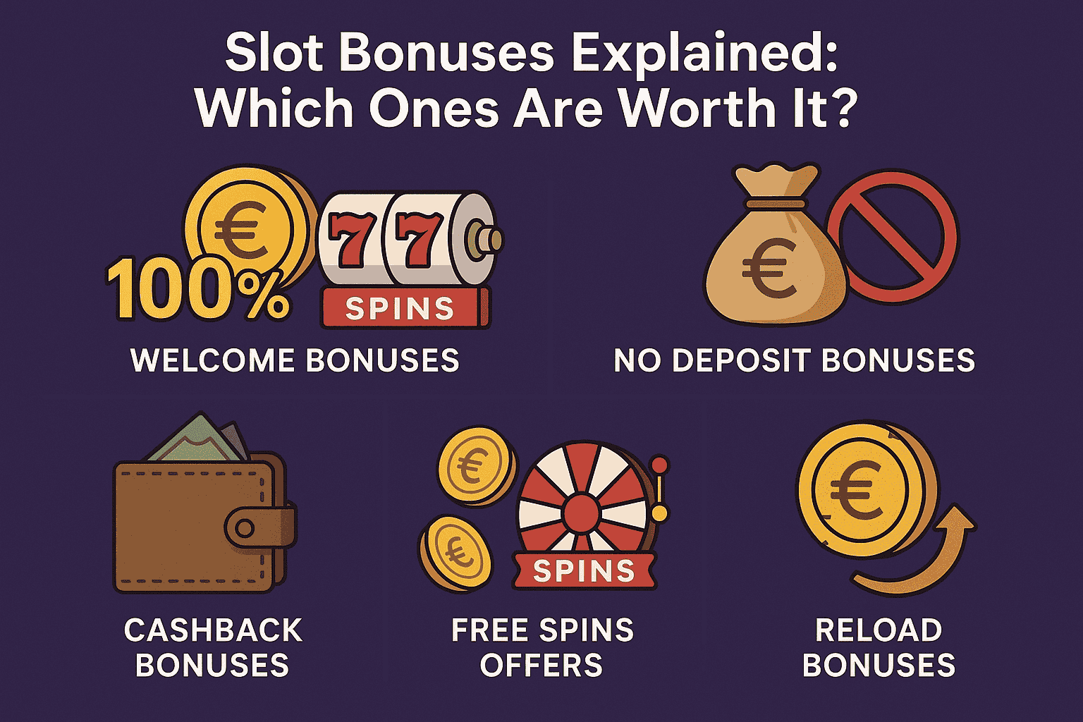 Infographic showing five types of slot bonuses: welcome bonuses, no deposit bonuses, cashback bonuses, free spins offers, and reload bonuses, each with casino-themed icons.