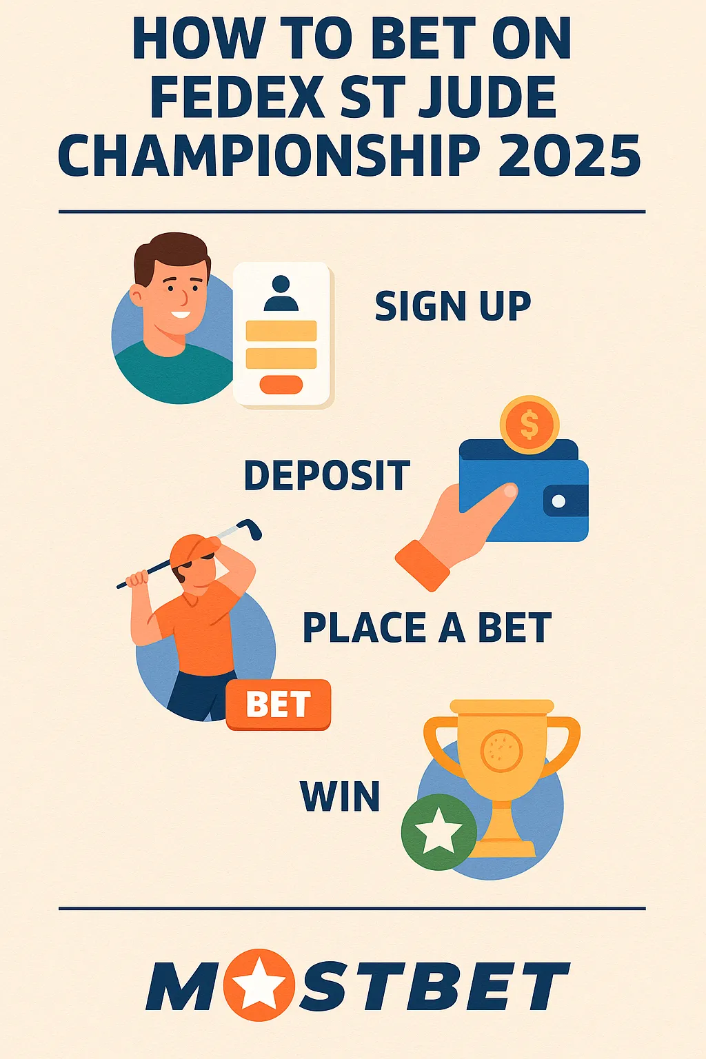 A 4-step betting guide infographic featuring icons for signup, deposit, placing a bet, and winning, styled in golf visuals and branded for Mostbet Casino.
