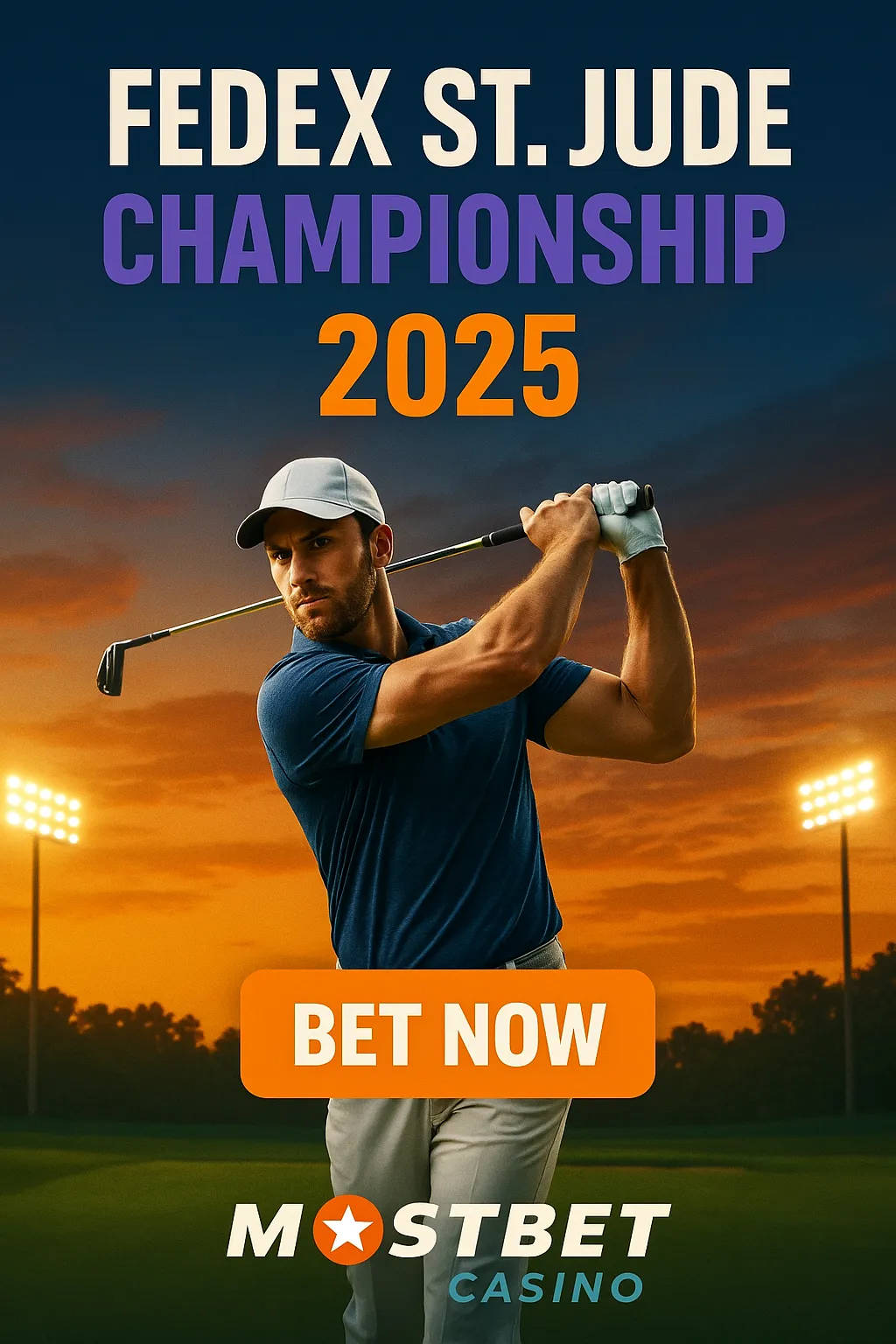 A bold promotional golf poster for FedEx St. Jude Championship 2025 with a golfer mid-swing under stadium lights, featuring “Bet Now” and Mostbet Casino branding.